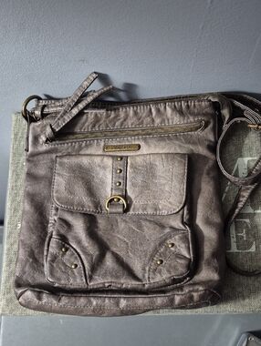 Stone & Co. Metallic Taupe Messenger Bag with Brass Accents